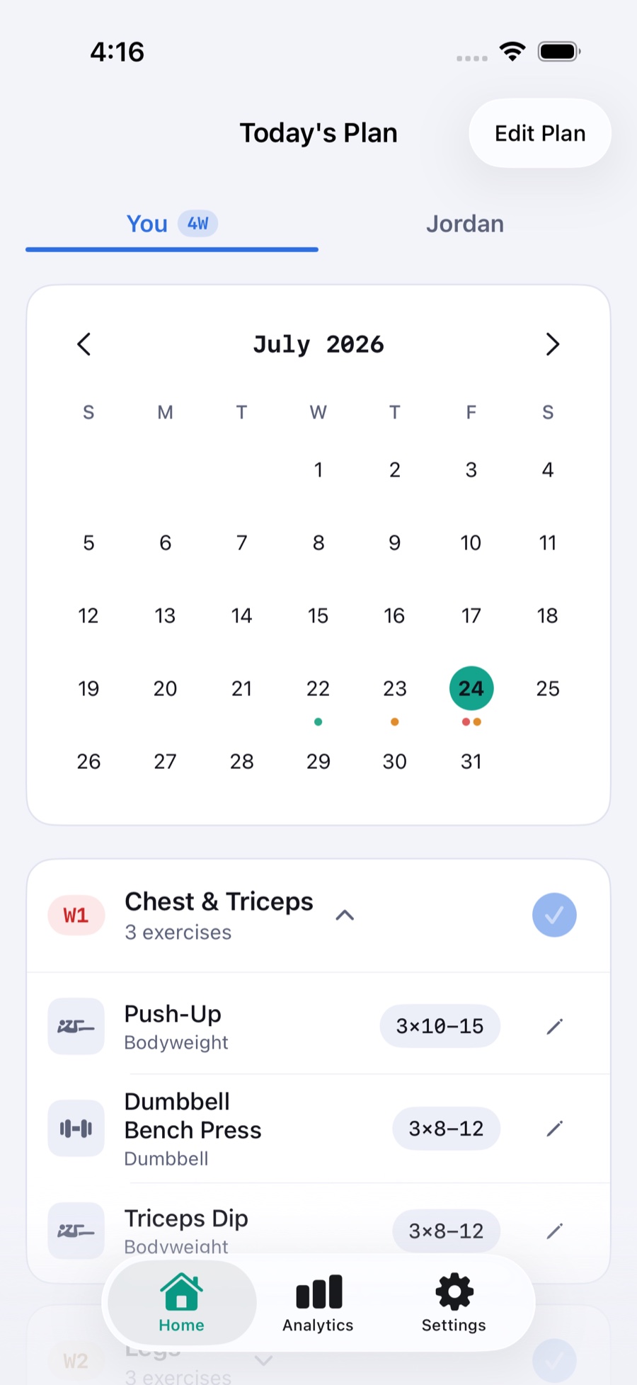 EZPal Today's Plan screen: a July 2026 calendar with color-coded workout dots, a You / Jordan tab switcher, and a Chest & Triceps exercise block with set and rep targets