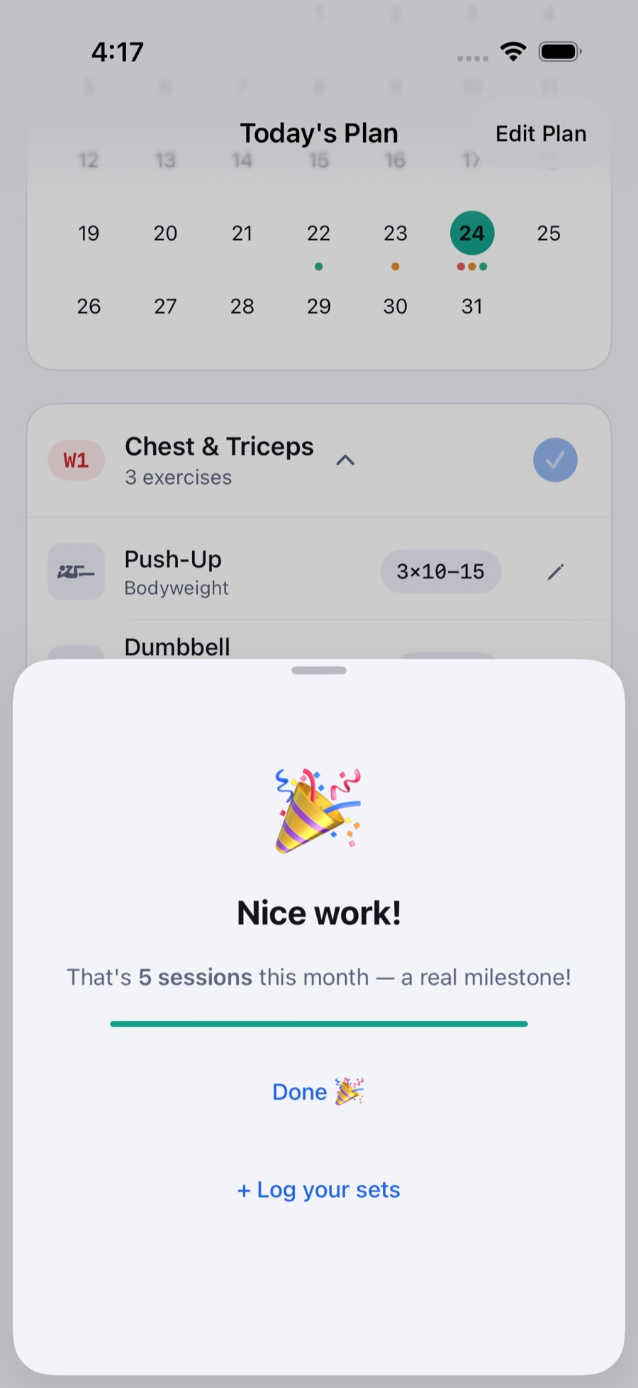 EZPal post-workout celebration screen with confetti, the message "Nice work! That's 5 sessions this month — a real milestone!", and a progress bar