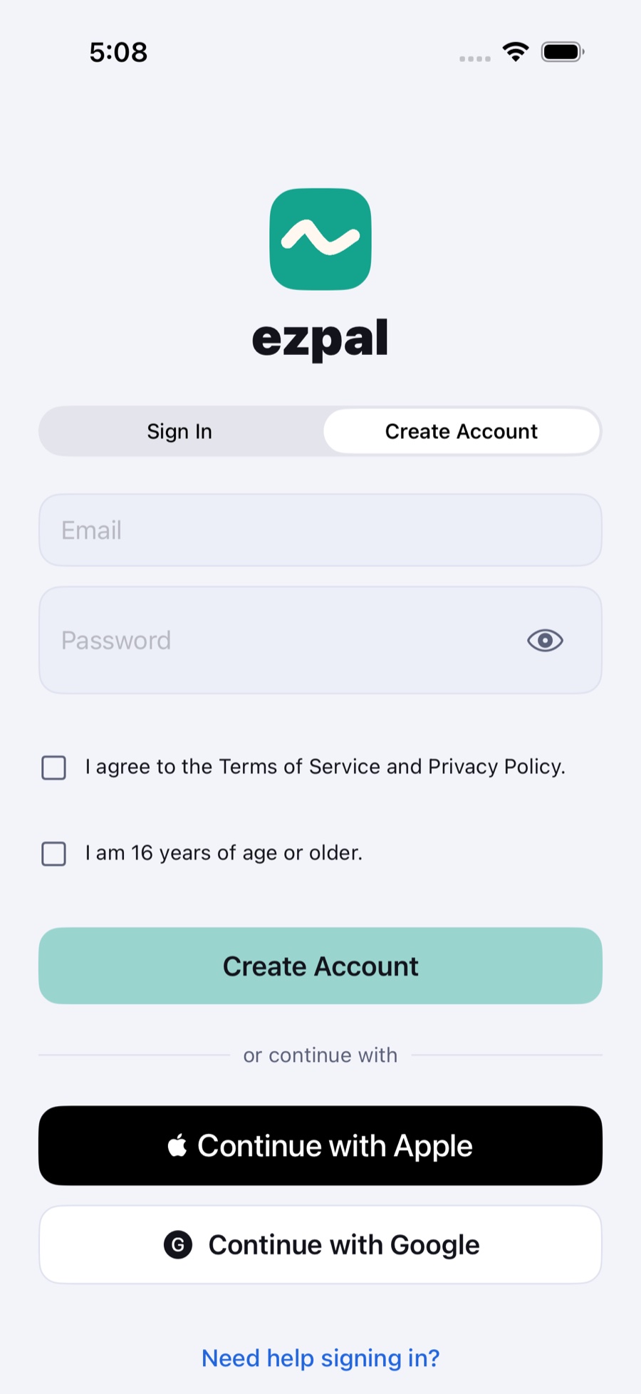 EZPal sign-in and create-account screen with email and password fields and Apple and Google continue buttons